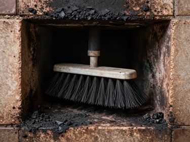 Close-up of a chimney sweep brush inside a dark flue, heavy black creosote deposits coating the surrounding clay tile visible under work-site ambient light, no people, evidence-focused framing