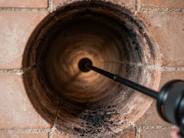 Extreme close-up of a chimney flue interior photographed with a camera probe, showing the tile liner surface in ambient work-site light, soot and creosote deposits visible on the clay tile walls, no people