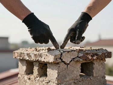 Hands in work gloves pointing at cracked mortar joint on a chimney crown in natural daylight, the damaged masonry clearly visible at close range, roofline context in soft background, no studio lighting