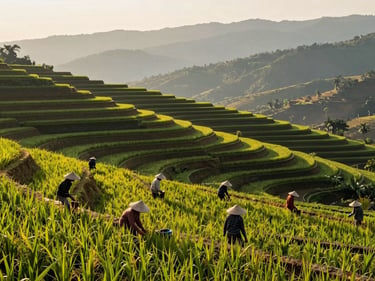 Wide shot of terraced rice paddies in rural Laos, farmers in conical hats working in the foreground, golden afternoon light casting long shadows across the stepped green fields, hazy mountains in the distance