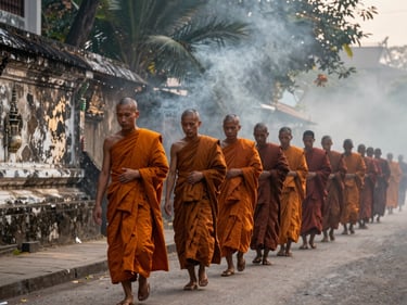 Buddhist monks in saffron robes walking in single file along a misty Luang Prabang street at dawn during the alms-giving ceremony, incense smoke drifting through dappled temple light, stone temple wall to the left