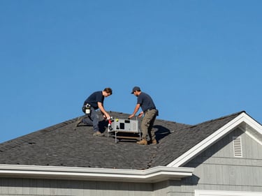 Roofing crew assessing storm damage on a residential roof at Tyler, TX