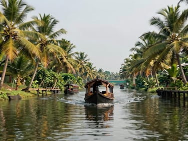 Wide shot of Kerala backwaters from a bridge, a traditional boat moving through a canal lined with palm trees, natural daylight, water reflections