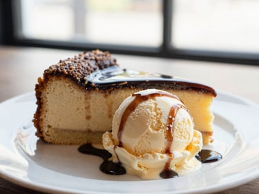 A beautifully plated slice of cake with a scoop of ice cream, drizzled with sauce, soft natural light, close-up, 35mm