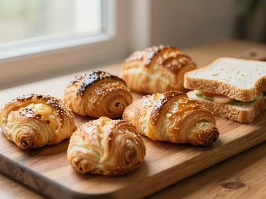 Assortment of freshly baked pastries and a small sandwich on a wooden board, soft natural light, appetizing, warm tones