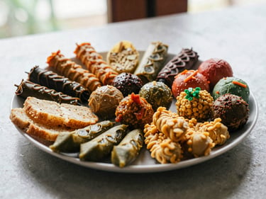 A plate of assorted colourful Malaysian snacks, appetizing and vibrant, on a textured table, natural daylight, medium close-up, 35mm
