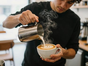 A barista pouring latte art into a ceramic cup, steam rising, warm coffee shop background, soft focus, 35mm