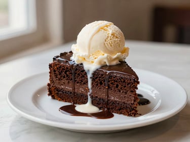 Slice of rich chocolate cake with a scoop of vanilla ice cream, drizzled with sauce, on a white plate, soft studio light, warm tones