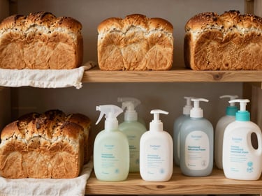 Overhead flat-lay of fresh bread loaves and baby care products arranged on a warm wooden shelf, soft morning light, cream and sage cloth accents, tidy retail display in a small family shop