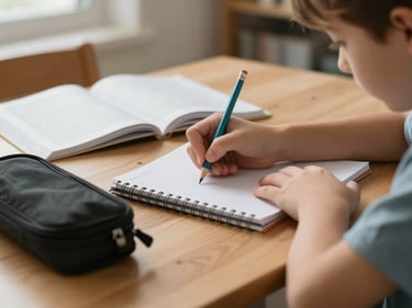 Close-up of a child's hands writing in a notebook at a wooden study table, soft north-facing daylight, pencil case and open textbook visible, quiet learning room in a residential building
