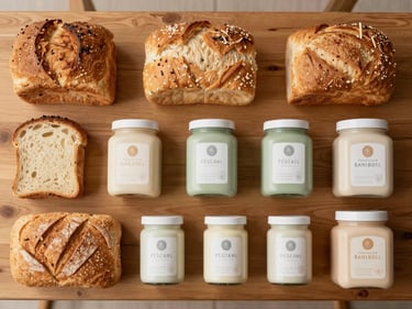 Overhead flat-lay of fresh bakery bread loaves and small jars of baby products arranged on a warm wooden shelf, soft natural light, earthy cream and sage tones