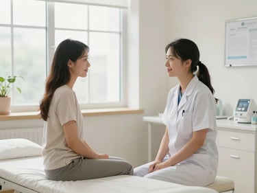 Bright midwife consultation room, a midwife seated beside a young mother, warm clinical light from a wide window, clean white surfaces, calm and reassuring domestic-health atmosphere