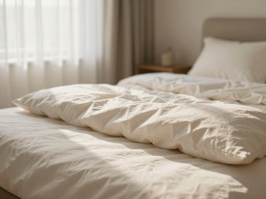 Close-up of a tidy furnished room interior — a neatly made bed beside a window with sheer curtains, soft morning light, warm cream tones, domestic and orderly