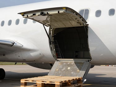 Extreme close-up of an aircraft cargo hold door open on a tarmac, hard direct sunlight casting sharp geometric shadows across the fuselage, cargo pallets visible in the foreground, no people, industrial framing