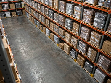 Overhead wide shot of a warehouse floor from a mezzanine, floor-level racks filled with sealed pallets and labeled boxes in precise rows, hard studio lighting from above casting orderly shadows, no workers, geometric grid composition