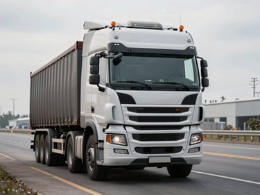 Close-up front view of a heavy-duty freight truck cab on an empty industrial road under bright overcast sky, road markings visible below the grille, no driver, geometric symmetrical framing, hard direct light