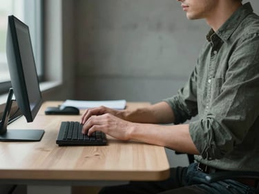 Waist-up shot of a person seated at a standing desk, hands resting on a keyboard, cool window light from the left, exposed concrete wall in background, casual work attire, focus on posture and workspace context not face