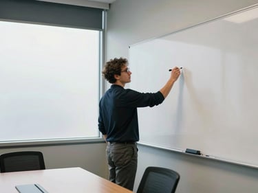Wide shot of a person standing at a whiteboard in a small conference room, marker in hand, table with two chairs visible, cool daylight through a frosted glass panel, no text on the whiteboard, candid working moment