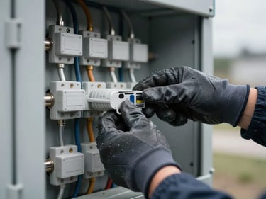 Tight close-up of gloved hands connecting electrical conduit on a site panel, natural overcast daylight, steel-grey surroundings, no faces