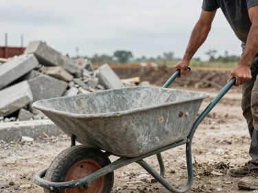 Close-up of a labourer's hands gripping a wheelbarrow handle on a muddy construction site, overcast daylight, concrete and rubble in background