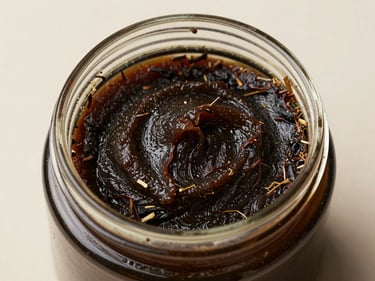 Extreme close-up overhead studio shot of an open glass jar of dark herbal hair mask on a neutral surface, thick paste texture with visible plant fibre, bright diffused north-facing studio light, clean background
