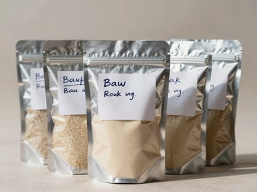 Wide studio shot of several sealed foil bulk ingredient packets labeled by hand standing upright on a neutral surface, bright north-facing daylight, clean background