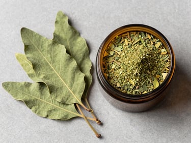 Overhead flat-lay of dried moringa oleifera leaves and crushed leaf powder in a small amber glass container on a neutral grey surface under bright north-facing studio light, leaf vein detail visible