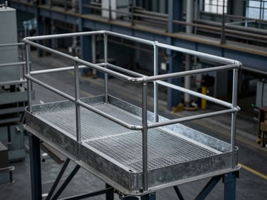 Industrial access platform with grating, heavy steel construction, safety railing, cool factory light
