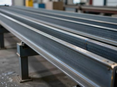 Long conveyor frame section, structural steel, clean welds, industrial facility background, cool light