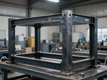 Heavy industrial machine frame, dark steel, precision welded joints, cool workshop light