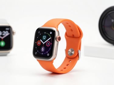 High-resolution product render of a stylish smartwatch with a vibrant display, showing health metrics, on a clean white background, studio lighting, focused on design and functionality.