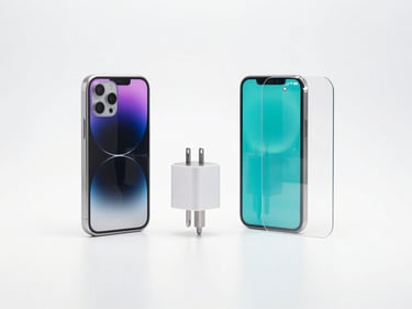 High-resolution product render of a collection of mobile accessories including a stylish phone cover, a fast charger, and tempered glass, arranged neatly on a clean white background, studio lighting, focused on quality and utility.