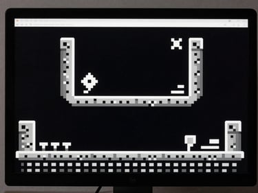 Close-up frontal screenshot of a shipped 2D platformer game, sharp pixel art environment, high-contrast black and white level geometry, studio tungsten lighting on monitor screen, no bloom
