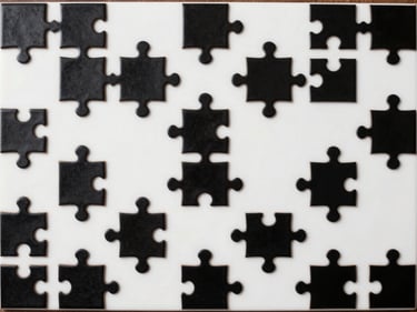 Direct frontal game screenshot of a puzzle game with stark black tile pieces on white background, high contrast, clean grid layout, no decorative elements