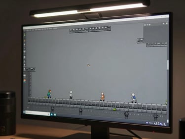 Wide monitor screenshot of a side-scrolling action game, desaturated grey palette, sharp sprite outlines, studio overhead fluorescent lighting on desk setup visible at frame edge