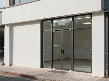 Documentary photo of a freshly painted commercial storefront interior in natural light, clean wall finish near glass entry, no people, industrial-style space