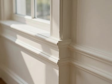 Close-up of freshly painted interior wall trim and baseboard in natural window light, crisp paint edge visible, warm off-white finish, no people