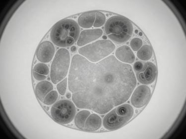 Close-up overhead of a multiple myeloma bone marrow core biopsy on a preparation surface under neutral studio lighting, plasma cell infiltration visible within trabecular architecture, high-contrast monochrome
