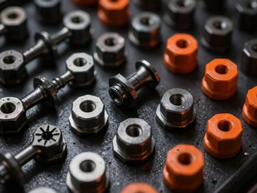 Close-up of specialized industrial fasteners on a dark metallic surface, precise technical details, dark industrial photography, high-contrast dramatic lighting, 35mm lens
