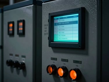 Close-up of industrial control panel displaying IEC 61508 compliance data, with sharp technical details and electric cyan highlights, dark industrial photography, high-contrast dramatic lighting, 35mm lens
