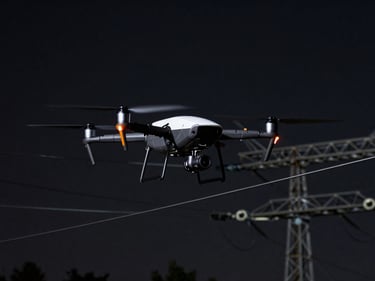UAV drone inspecting high-voltage power lines in an industrial setting, with data overlay, dark industrial photography, high-contrast dramatic lighting, 35mm lens
