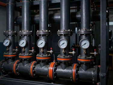 Industrial refrigeration unit with visible pipes and gauges, safety orange accents, dark industrial photography, high-contrast dramatic lighting, 35mm lens