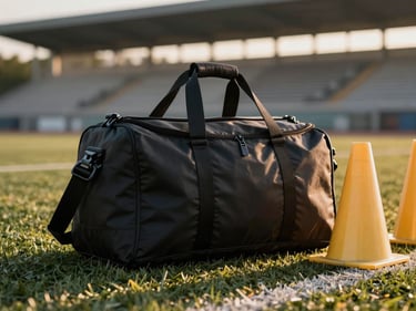 Black academy holdall bag resting on turf beside a set of training cones, golden-hour light from the right, field structure visible behind