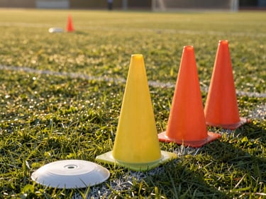 Training cones and a flat disc marker arranged on a grass field under golden-hour side light, field markings visible in background