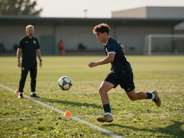Player in mid-stride receiving a through ball, coach visible in background gesturing with one hand, training cones marking the channel, natural field light late afternoon