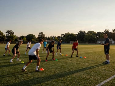 Wide training ground view, group of young players in formation doing cone drills at dusk, coach standing at edge with clipboard, field lit by ambient golden light