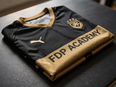 Close frame of a folded black-and-gold FDP Academy training jersey on a dark surface, side-lit by warm natural light, fabric texture visible