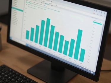 Overhead tight shot of a monitor displaying a KPI dashboard with teal bar charts and clean metric tiles, soft studio light, keyboard partially visible below