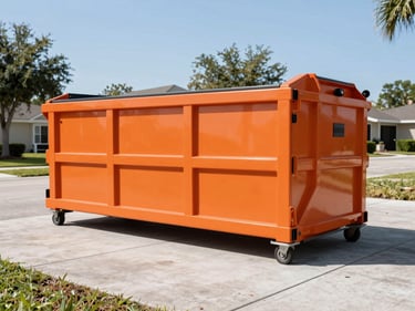 Low-angle shot of a clean 10-yard orange roll-off dumpster parked neatly on a suburban Orlando concrete driveway, bright direct Florida sunlight, crisp shadows
