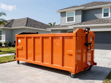 Wide environmental shot of a clean 20-yard orange roll-off dumpster on a residential driveway next to a modern Florida home, bright direct sunlight